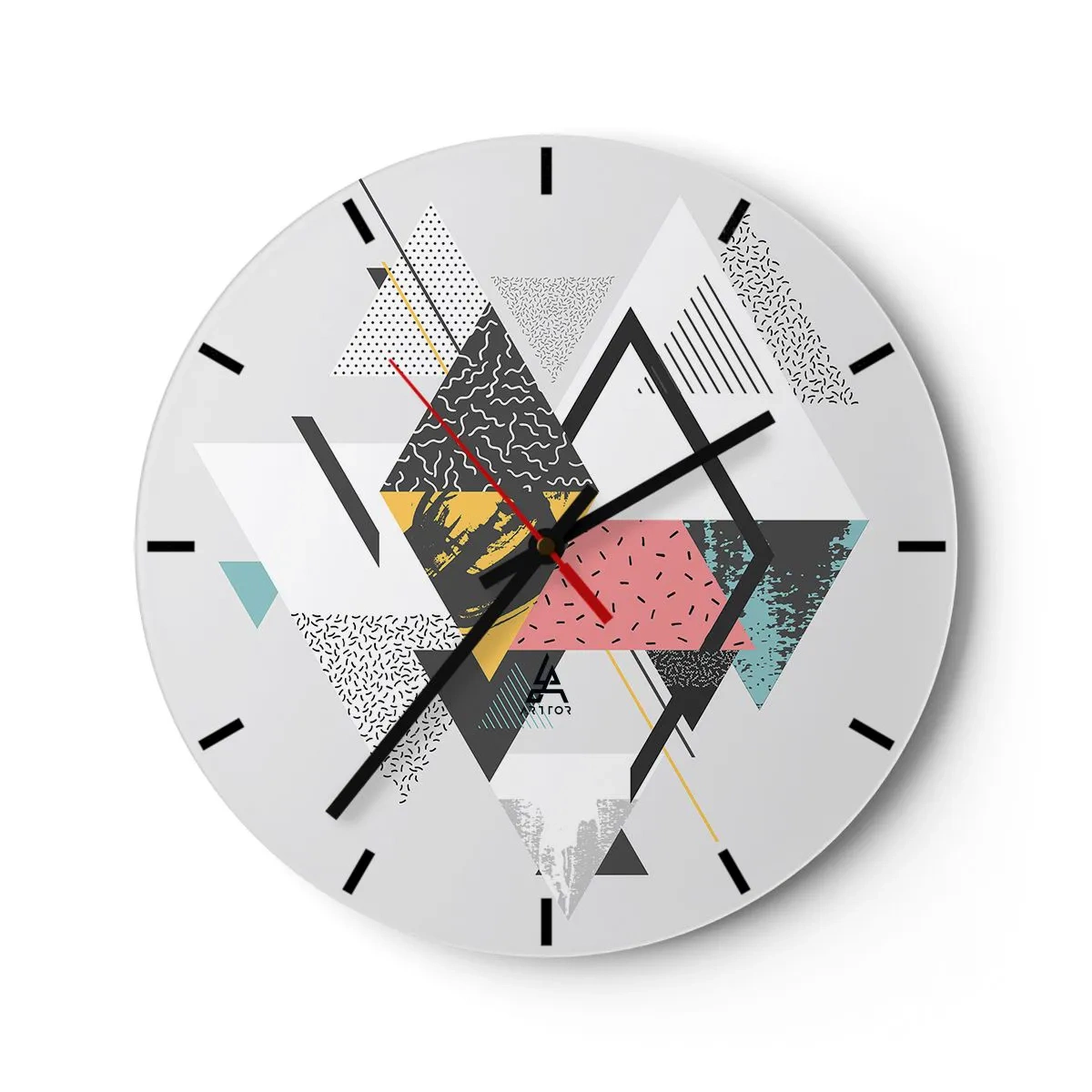 Väggklocka - Klocka på glas - Färgglada geometriska former på en ljus bakgrund - 30x30cm - Komposition med triangel och romb - Modern väggdekoration för vardagsrum, kök och sovrum ARTTOR