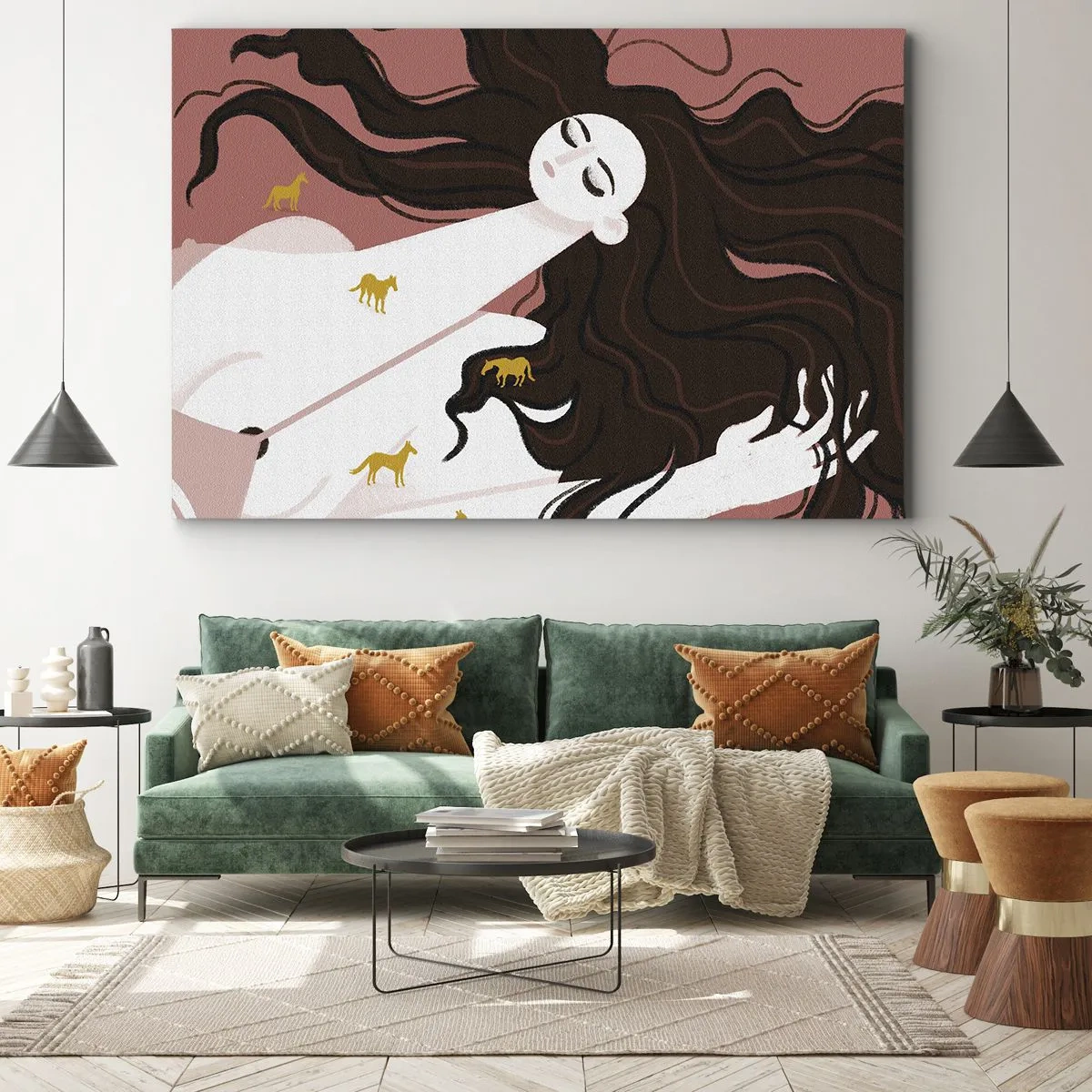 Canvastavla - Bild på duk - En figur med slutna ögon omgiven av gyllene hästar - 70x50cm - Dröm om en gyllene häst - Modern väggdekoration för vardagsrum och sovrum ARTTOR