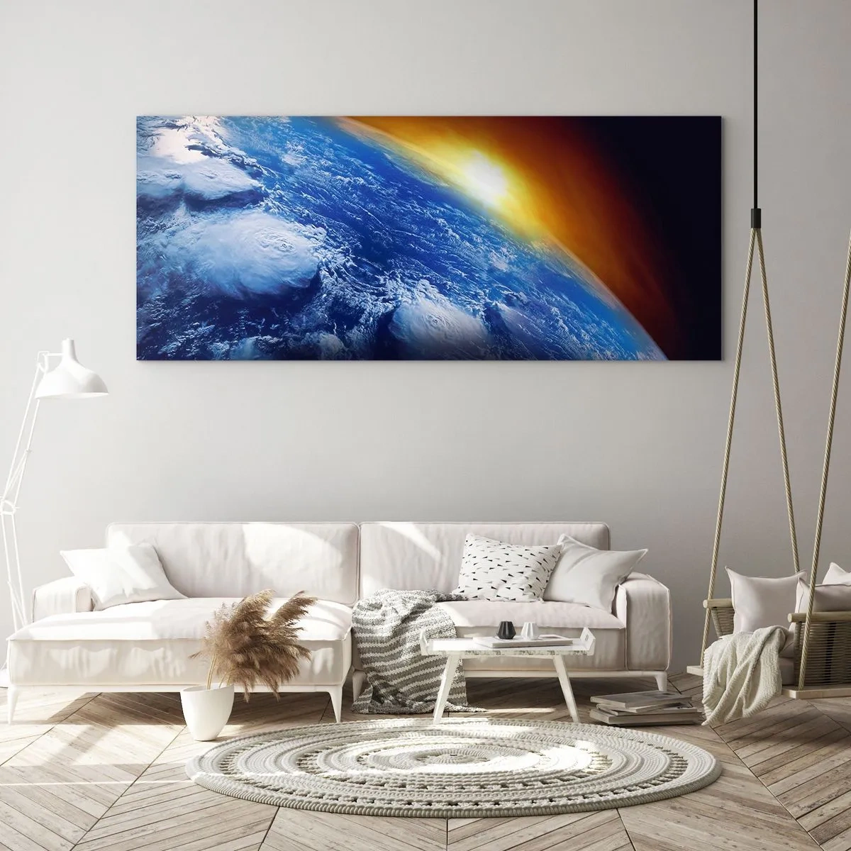Glastavla - Bild på glas - Soluppgång över den blåa planeten - 160x50 cm