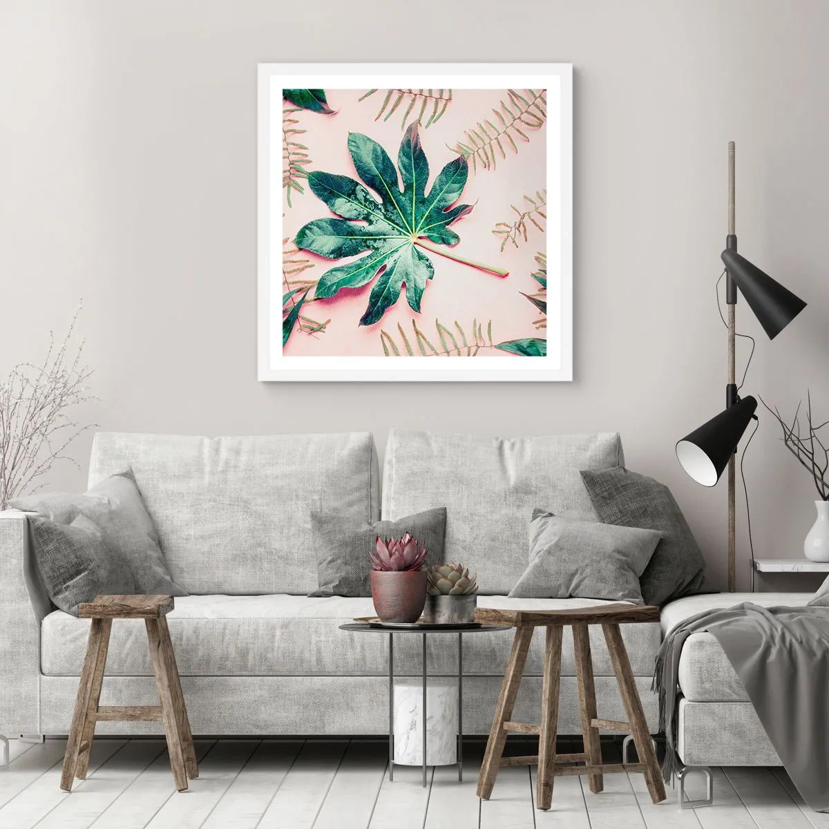 Affisch i vit ram - Grönskans studie mot rosa bakgrund - 40x40 cm