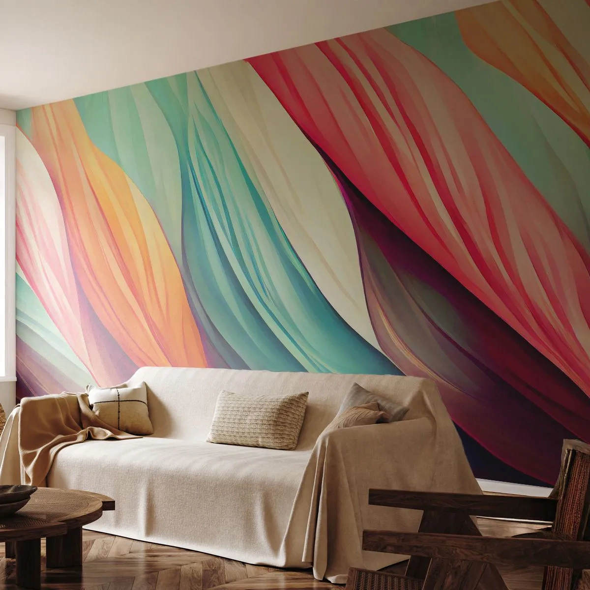 Fototapet Premium Canvas - Regnbågsväv - Pastell, Rader, Abstraktion - 450x315 cm