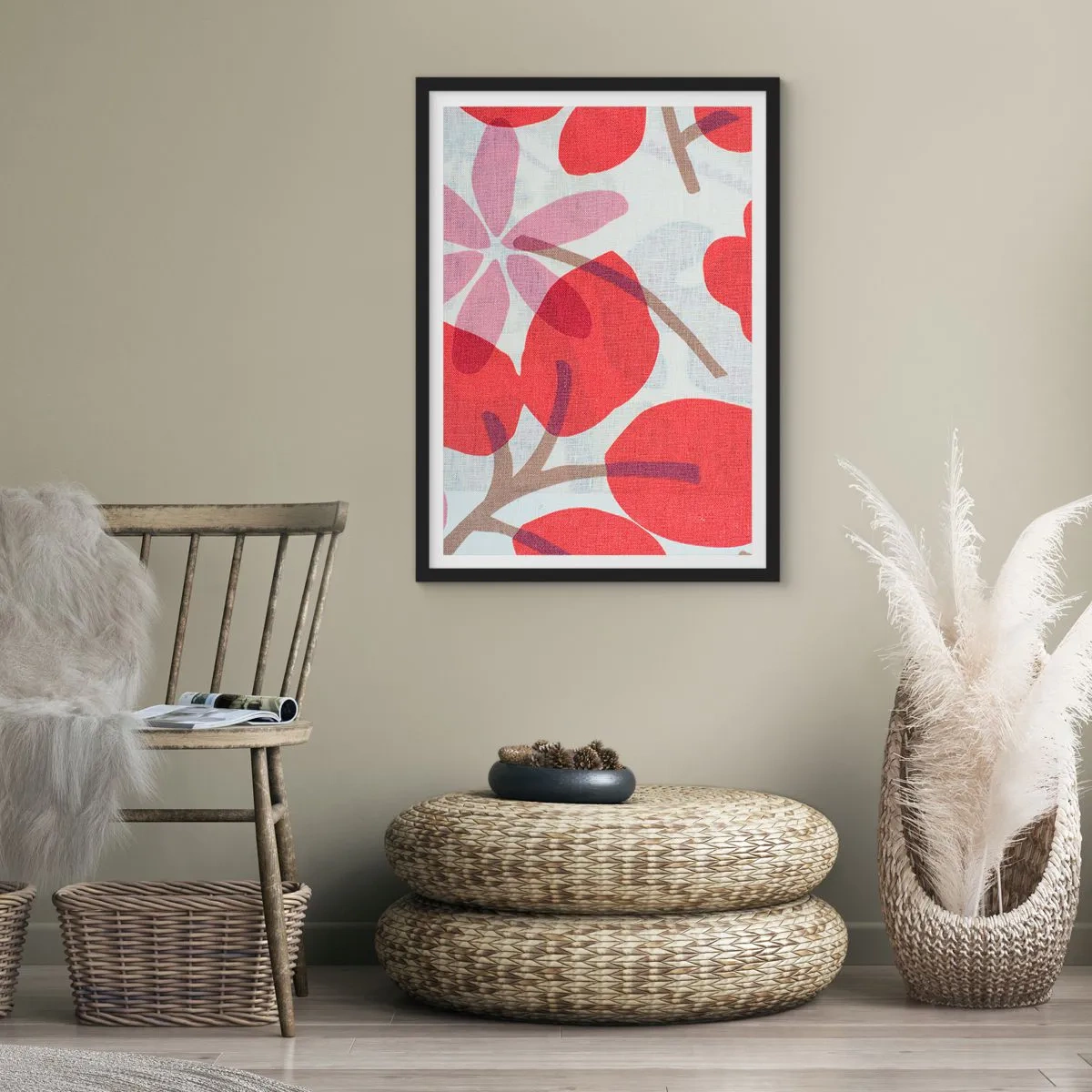 Affisch i svart ram - Botanisk sammansättning av blad och blommor i rött - 50x70cm - Blomsterkomposition i rosa - Modern väggdekoration för vardagsrum och sovrum ARTTOR