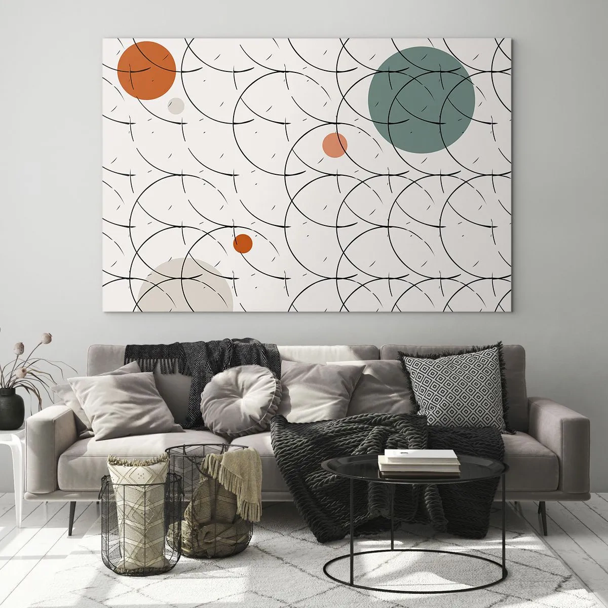 Glastavla - Bild på glas - Färgglada cirklar och svarta linjer på en ljus bakgrund i popkonststil. - 70x50cm - I popkonstens anda - Modern väggdekoration för vardagsrum och sovrum ARTTOR