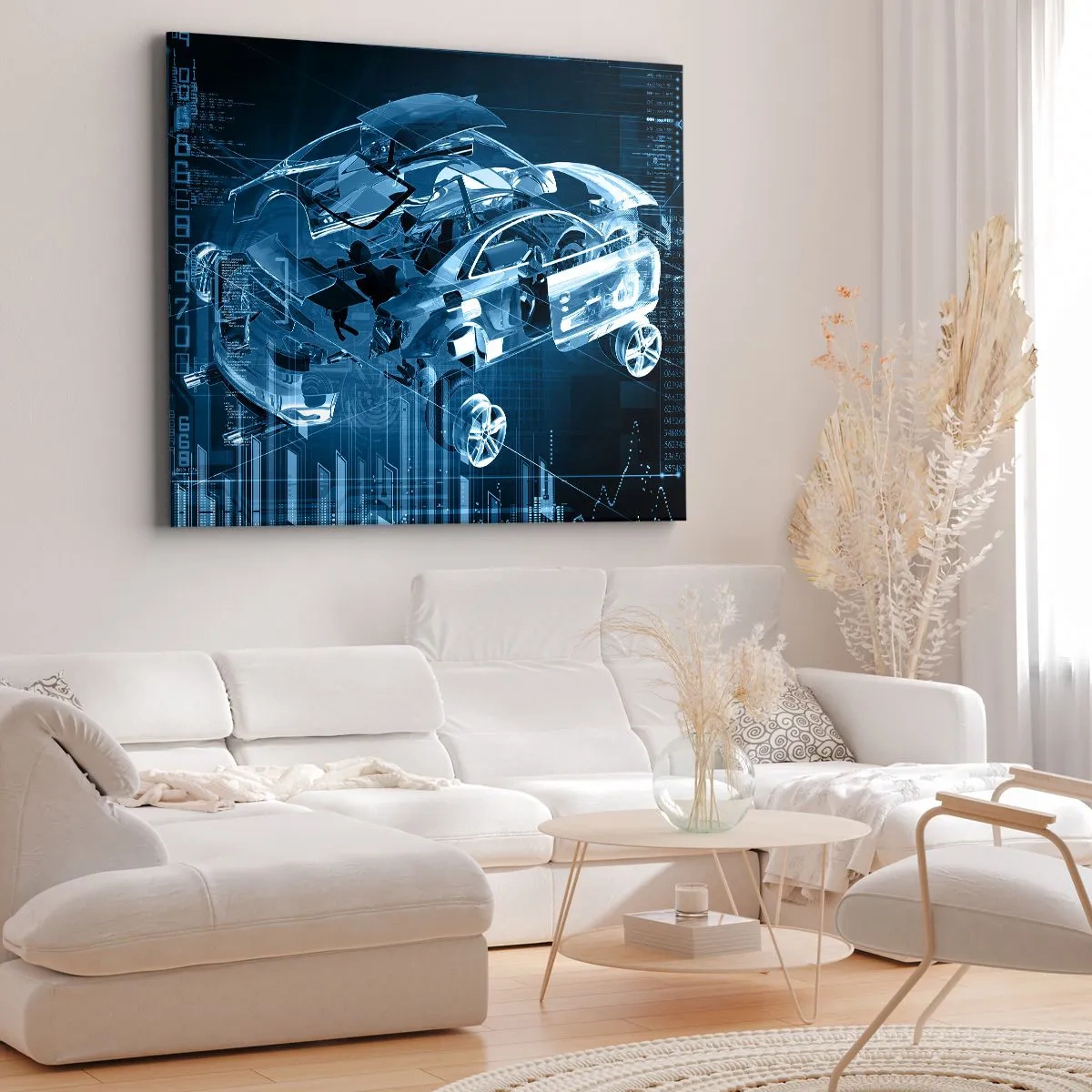 Canvastavla - Bild på duk - En modern teknisk ritning av en bil med strukturella element - 70x50cm - Ingenjörsanatomi - Modern väggdekoration för vardagsrum och sovrum ARTTOR