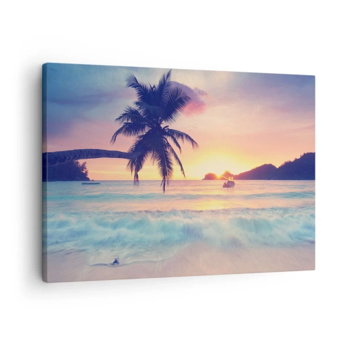 Canvastavla - Bild på duk - Strand med en palm och en solnedgång över havet - 70x50cm - En kväll i viken - Modern väggdekoration för vardagsrum och sovrum ARTTOR