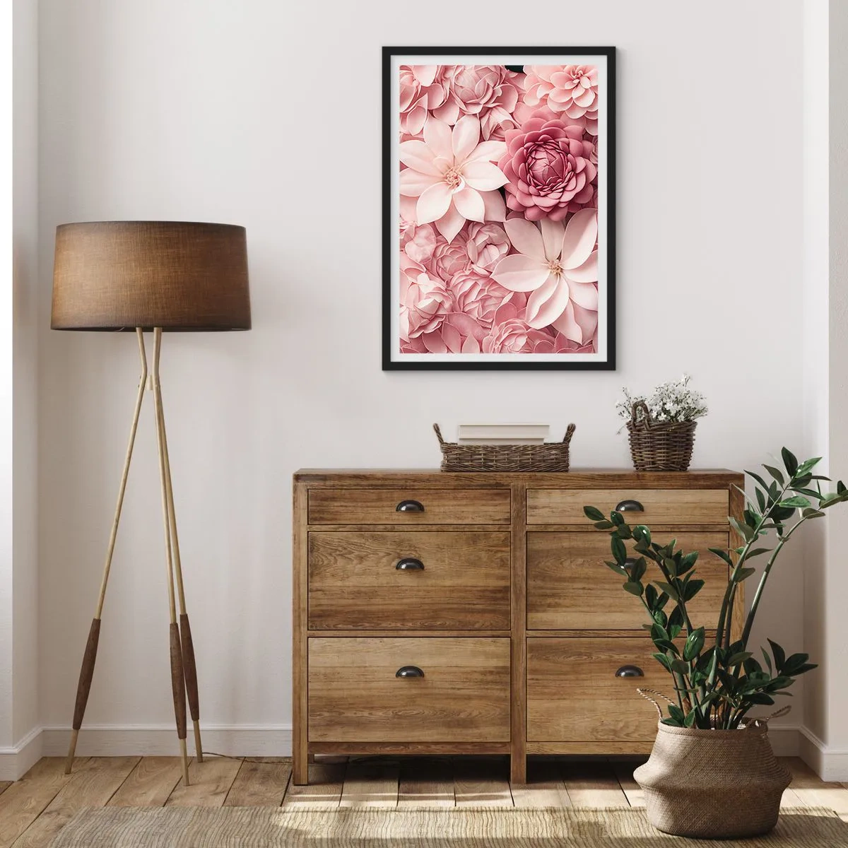 Affisch i svart ram - Rosa blommor i en elegant komposition - 50x70cm - I rosa kronblad - Modern väggdekoration för vardagsrum och sovrum ARTTOR