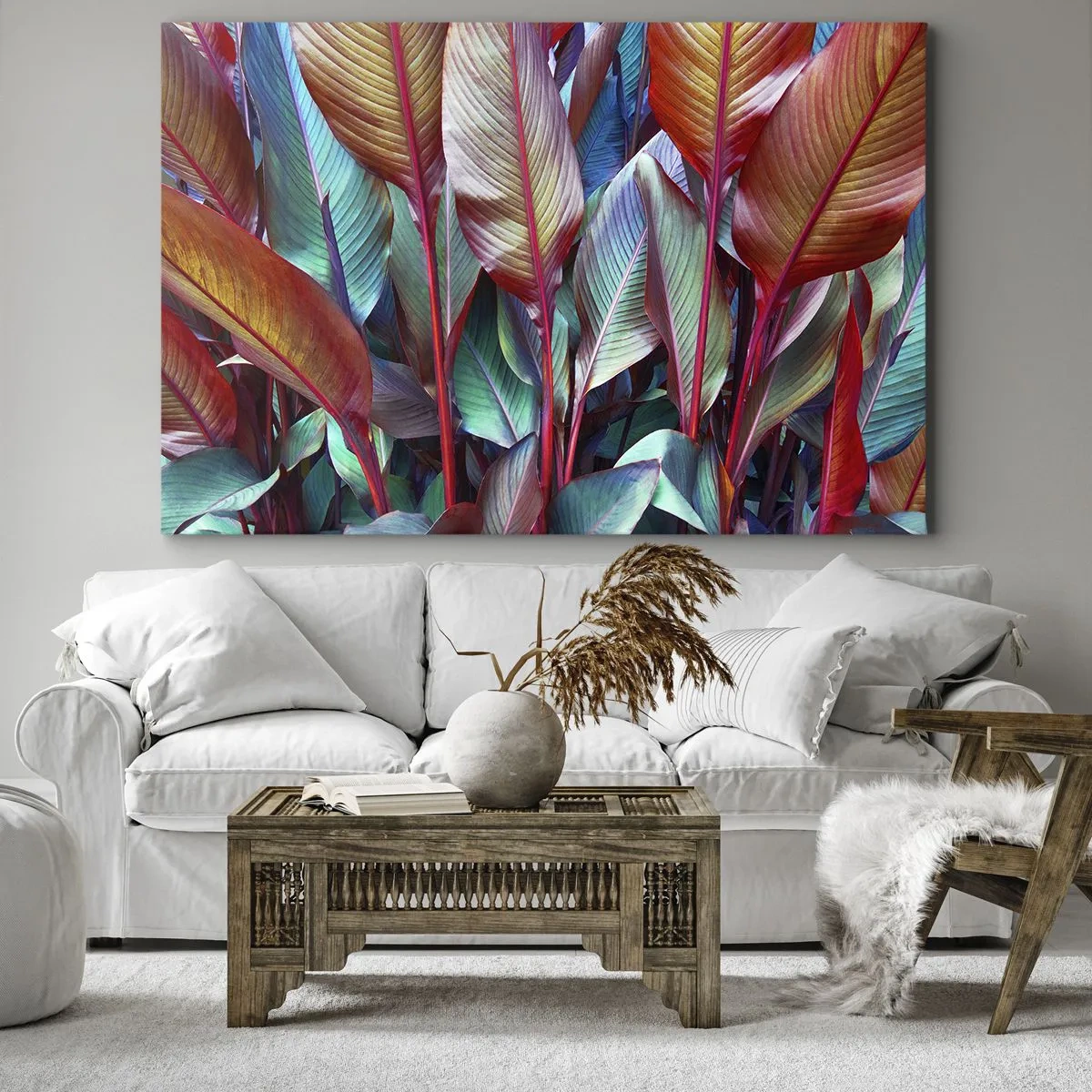 Canvastavla - Bild på duk - Färgglada blad av tropiska växter i snåret - 70x50cm - En färgglad tätskog - Modern väggdekoration för vardagsrum och sovrum ARTTOR