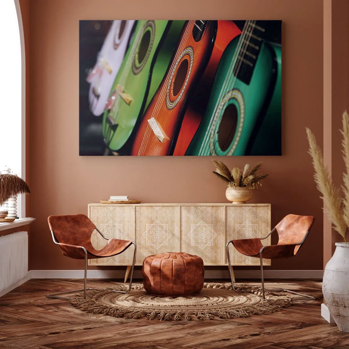 Canvastavla - Bild på duk - Färgglada gitarrer i olika nyanser arrangerade i rad - 70x50cm - Gitarren har flera färger - Modern väggdekoration för vardagsrum och sovrum ARTTOR