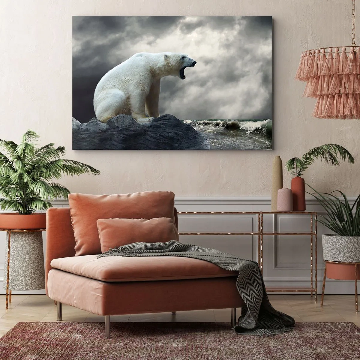Canvastavla - Bild på duk - En isbjörn på klipporna ovanför ett stormigt hav - 70x50cm - Arktis ensamma kung - Modern väggdekoration för vardagsrum och sovrum ARTTOR