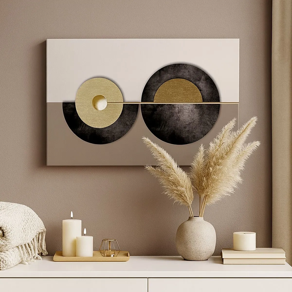 Canvastavla - Bild på duk - Abstrakta cirklar i nyanser av guld och brunt - 70x50cm - Variationer runt en cirkel - Modern väggdekoration för vardagsrum och sovrum ARTTOR