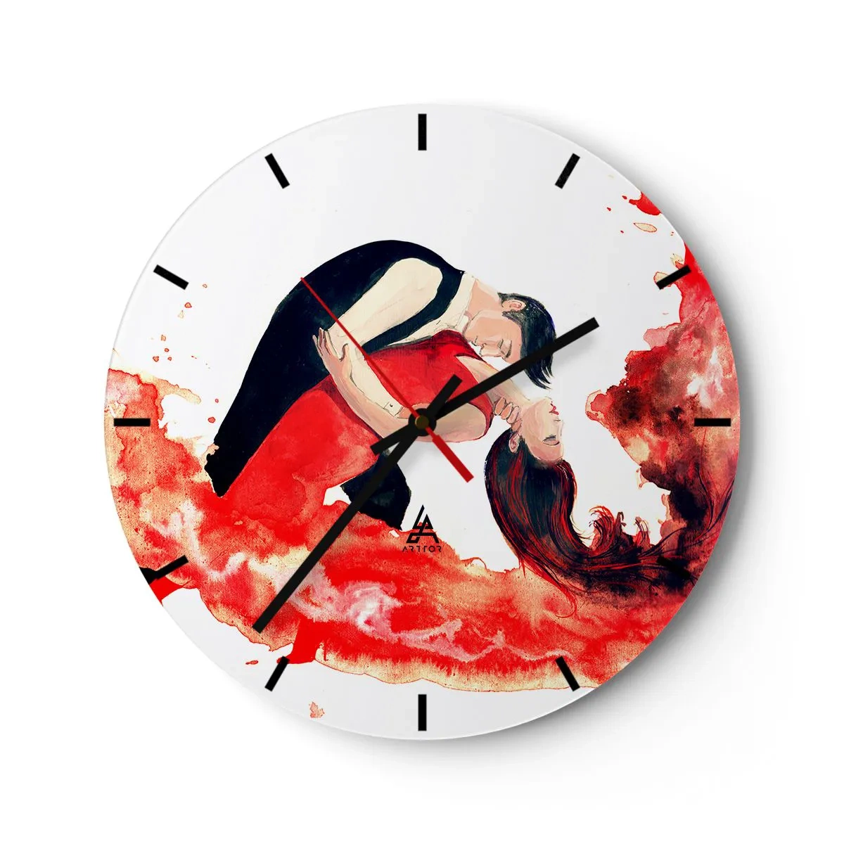 Väggklocka - Klocka på glas - Ett par som dansar i röda konstnärliga färger - 30x30cm - Tango - den sensuella vågen - Modern väggdekoration för vardagsrum, kök och sovrum ARTTOR