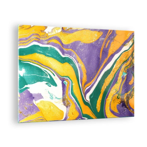 Glastavla - Bild på glas - Abstrakt vågmönster i gult, lila och grönt - 70x50cm - Färgvågor - Modern väggdekoration för vardagsrum och sovrum ARTTOR