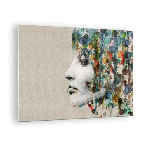 Glastavla - Bild på glas - Porträtt av en kvinna med abstrakta färgaccenter - 70x50cm - Uppstånden ur glädje - Modern väggdekoration för vardagsrum och sovrum ARTTOR