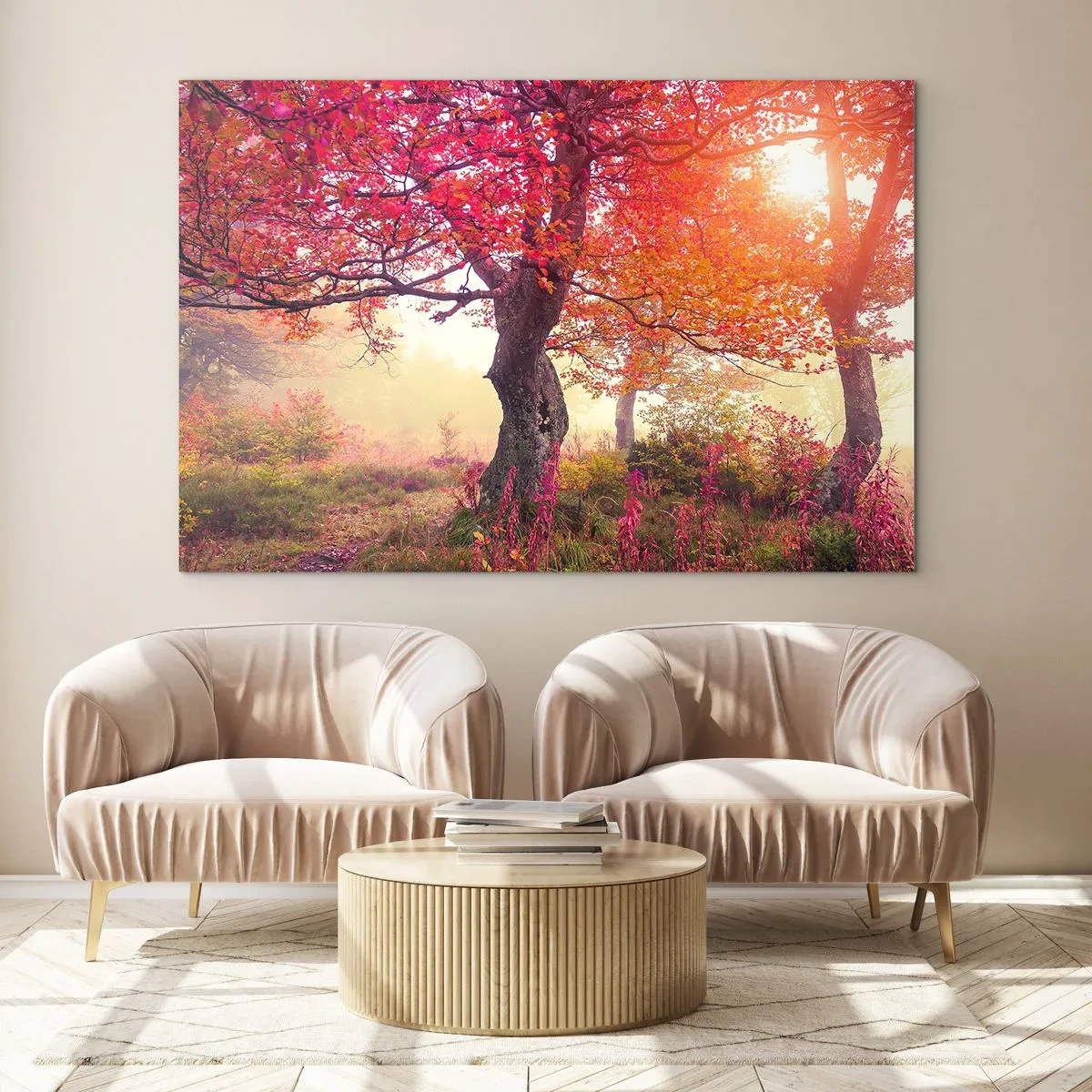 Glastavla - Bild på glas - Höstskog med solljusstrålar på morgonen - 70x50cm - Våldsam blommande - Modern väggdekoration för vardagsrum och sovrum ARTTOR