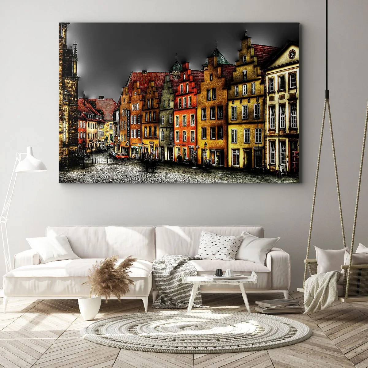 Canvastavla - Bild på duk - Färgglada hyreshus på en kullerstensgata i den historiska staden - 70x50cm - Det saknas bar förtrollad droska - Modern väggdekoration för vardagsrum och sovrum ARTTOR