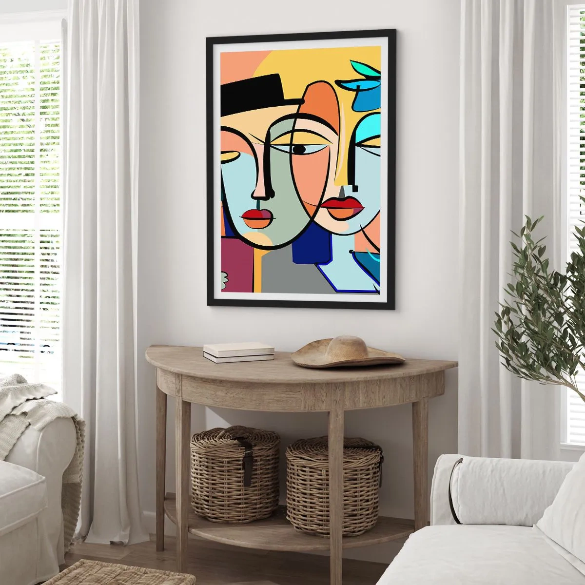 Affisch i svart ram - Färgglad abstrakt komposition av ansikten i kubistisk stil - 50x70cm - Picassos randez vous - Modern väggdekoration för vardagsrum och sovrum ARTTOR