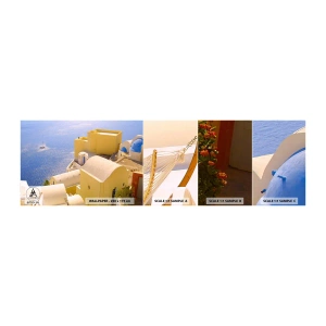 Provbit av självhäftande fototapet Deluxe Sticker - Grekiskt landskap i vit och blå - Landskap, Santorini, Grekland - 100x30 cm