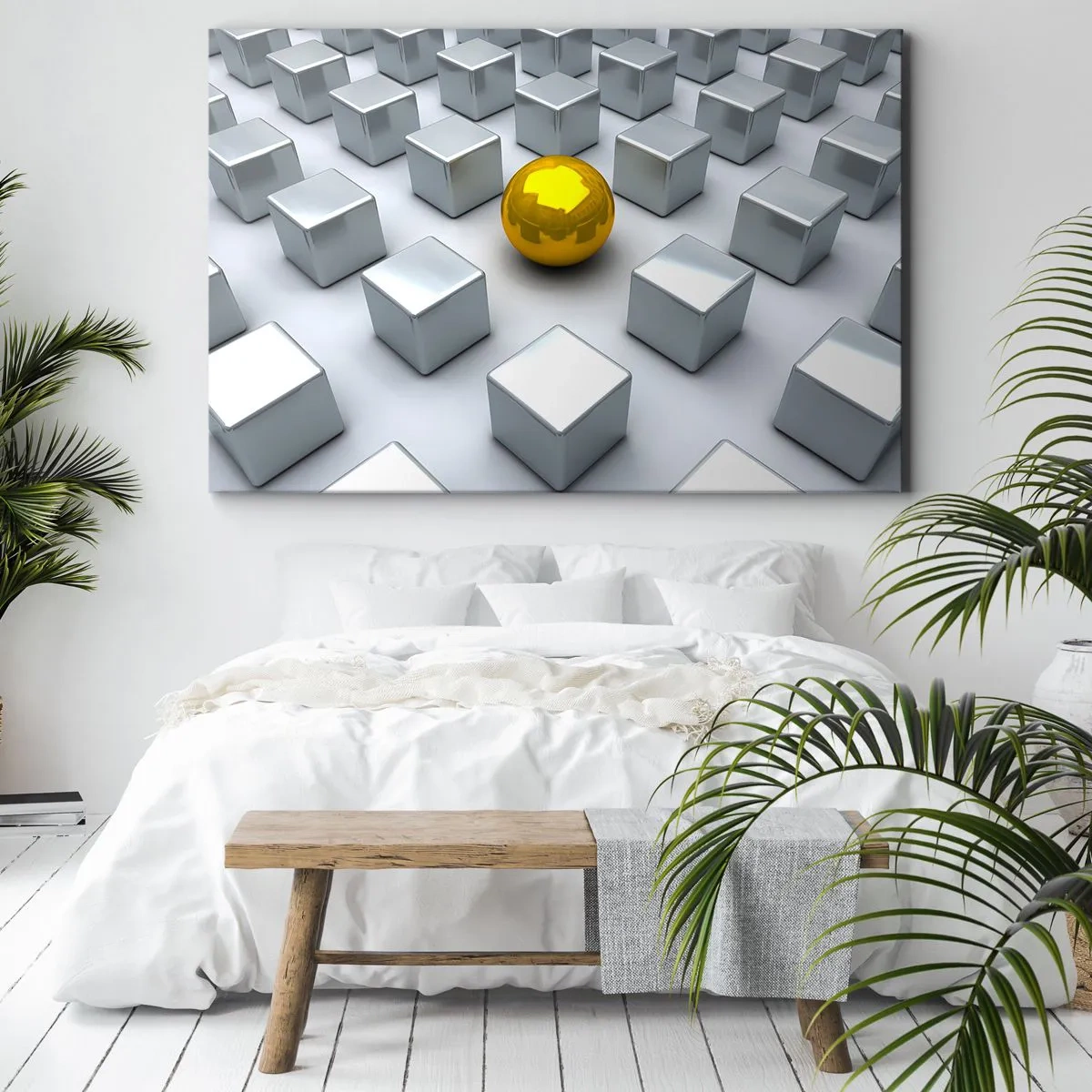 Canvastavla - Bild på duk - En gyllene sfär som sticker ut bland silverkuberna - 70x50cm - Varför jag? Geometrisk komposition - Modern väggdekoration för vardagsrum och sovrum ARTTOR