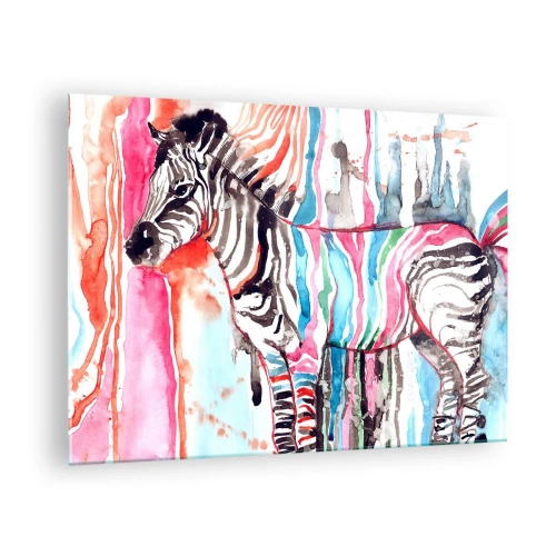 Glastavla - Bild på glas - Färgglad zebra i akvarellstil - 70x50cm - Naturens bekymmerslösa skämt - Modern väggdekoration för vardagsrum och sovrum ARTTOR