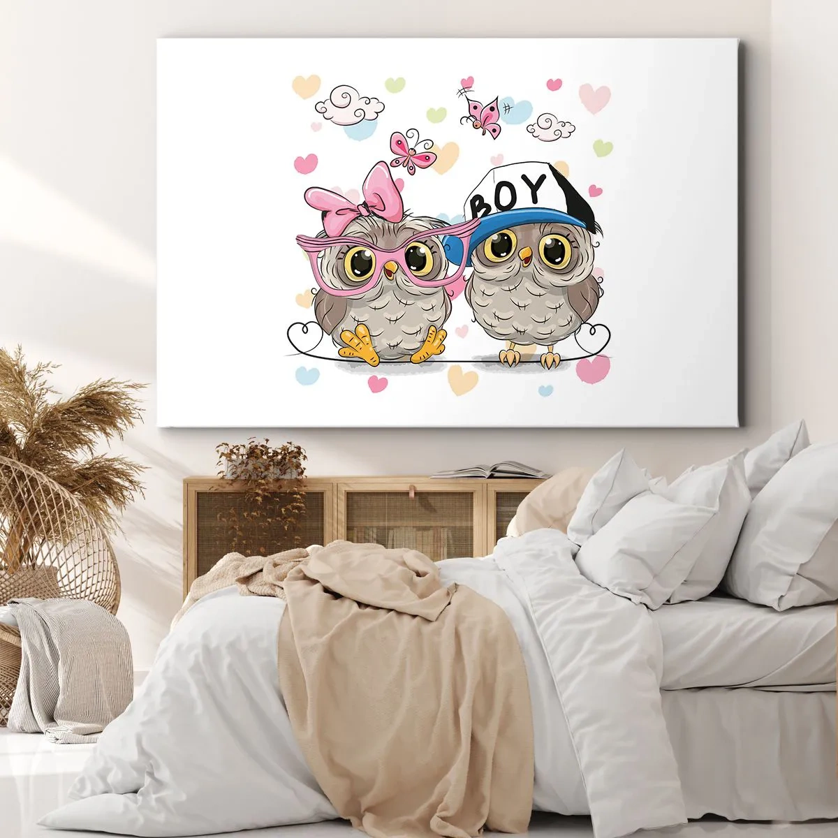 Canvastavla - Bild på duk - Två bedårande ugglor omgivna av hjärtan - 70x50cm - Låt oss älska varandra! - Modern väggdekoration för vardagsrum och sovrum ARTTOR