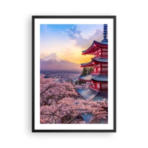 Affisch i svart ram - En pagod med utsikt över berget Fuji omgiven av körsbärsblommor vid solnedgången - 50x70cm - Essens av den japanska andan - Modern väggdekoration för vardagsrum och sovrum ARTTOR