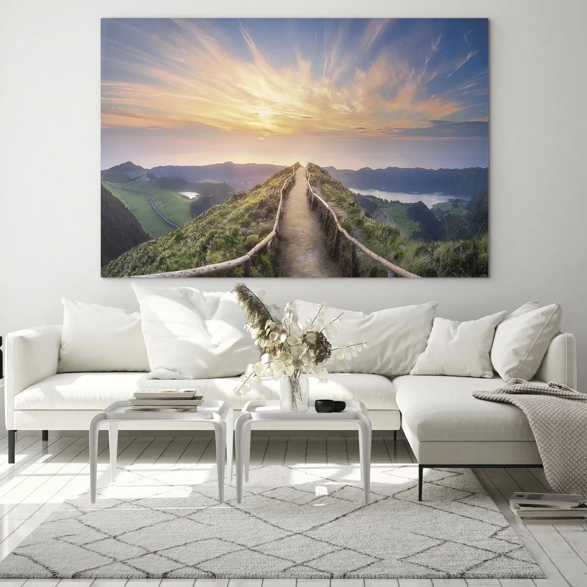 Glastavla - Bild på glas - Kullestig med utsikt över solnedgången - 70x50cm - Nära himlen - Modern väggdekoration för vardagsrum och sovrum ARTTOR