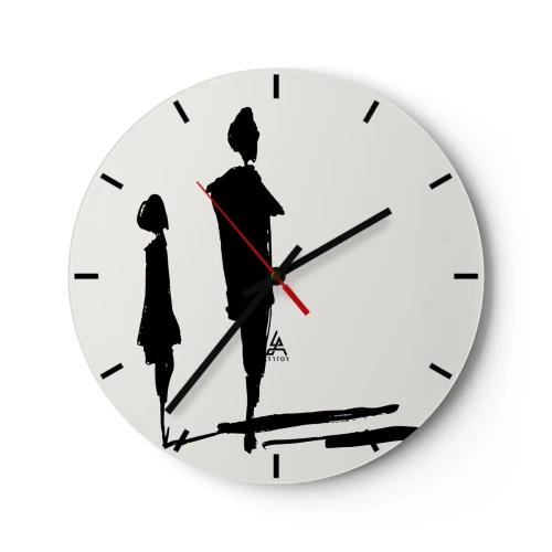 Väggklocka - Klocka på glas - Svarta silhuetter av två figurer på en vit bakgrund i en skissartad stil. - 30x30cm - Säkert tillsammans? - Modern väggdekoration för vardagsrum, kök och sovrum ARTTOR