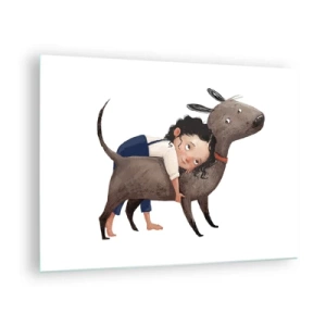 Glastavla - Bild på glas - En flicka som kramar en stor hund på en vit bakgrund - 70x50cm - Bästa vänner - Modern väggdekoration för vardagsrum och sovrum ARTTOR