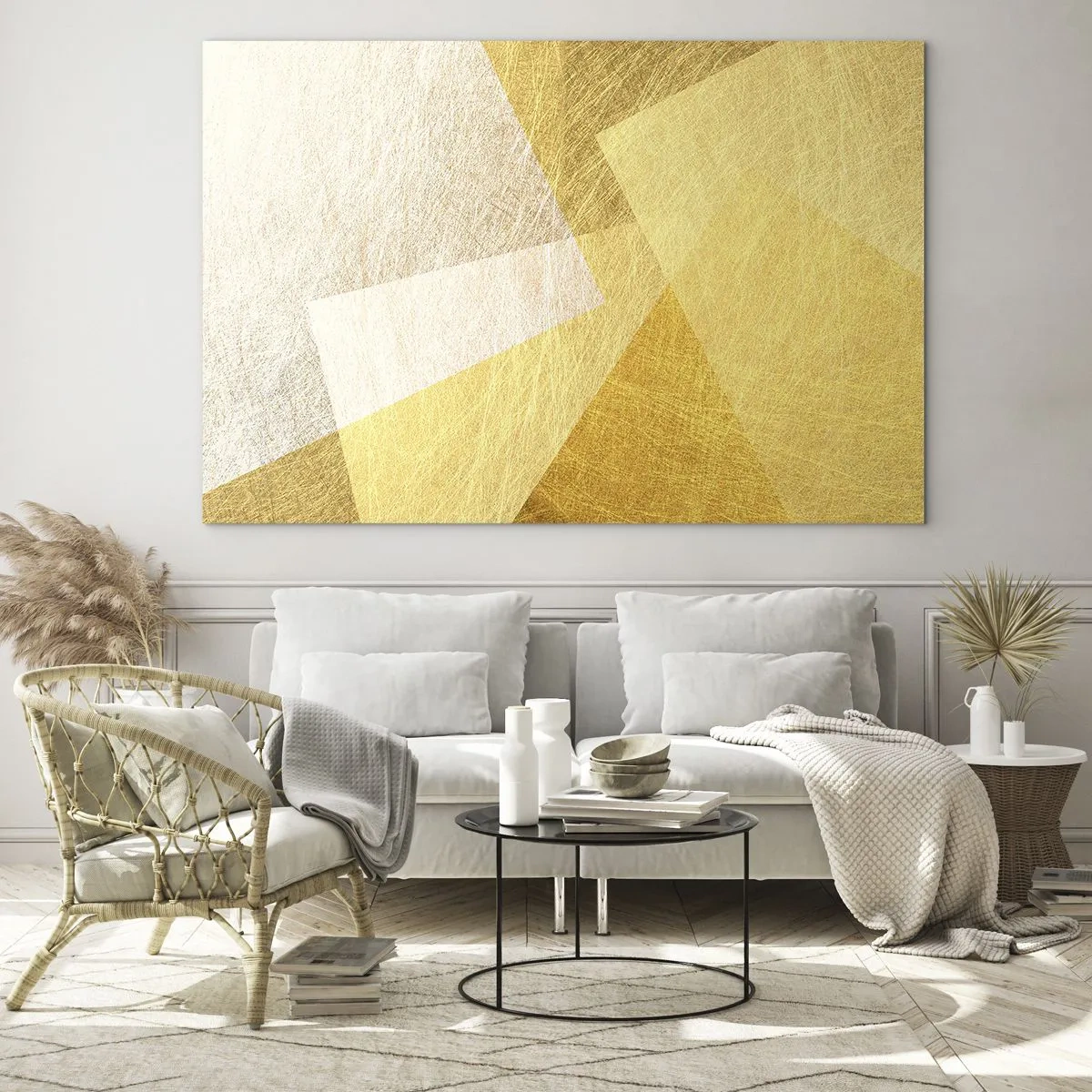 Glastavla - Bild på glas - Gyllene geometriska former med metall och lätt textur - 70x50cm - Geometriskt väder - Modern väggdekoration för vardagsrum och sovrum ARTTOR
