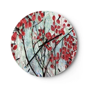 Väggklocka - Klocka på glas - Grenar med röda blad på en målad bakgrund - 30x30cm - Träd i scharlakansröd - Modern väggdekoration för vardagsrum, kök och sovrum ARTTOR