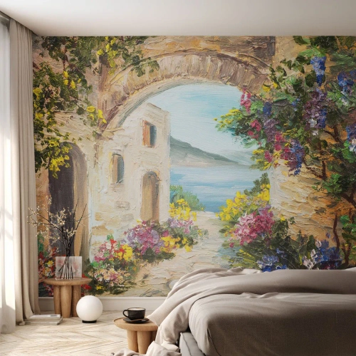Fototapet på mått Premium Canvas - Kustprovinsens charm - Arkitektur, Grekland, Blommor