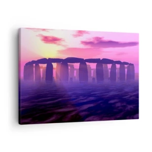 Canvastavla - Bild på duk - Stencirkel vid solnedgången med en lila himmel - 70x50cm - Gryningens hemlighet i dimma - Modern väggdekoration för vardagsrum och sovrum ARTTOR