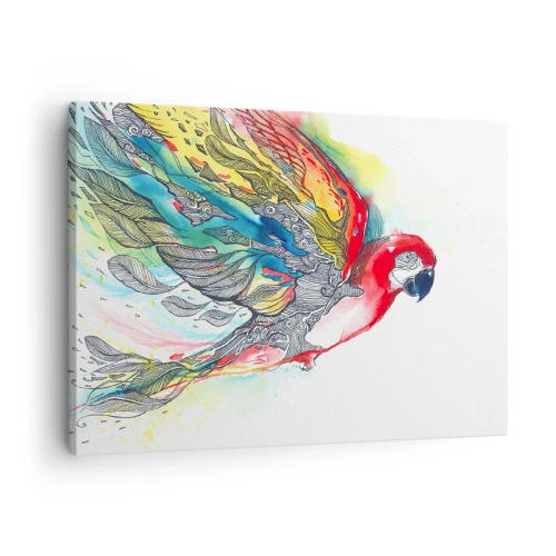 Canvastavla - Bild på duk - En färgglad papegoja i flykt med abstrakta mönster på sina vingar. - 70x50cm - Lev färgglatt - Modern väggdekoration för vardagsrum och sovrum ARTTOR
