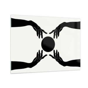 Glastavla - Bild på glas - Svarta händer runt en svart cirkel mot en ljus bakgrund - 70x50cm - Ett hemligt tecken - Modern väggdekoration för vardagsrum och sovrum ARTTOR