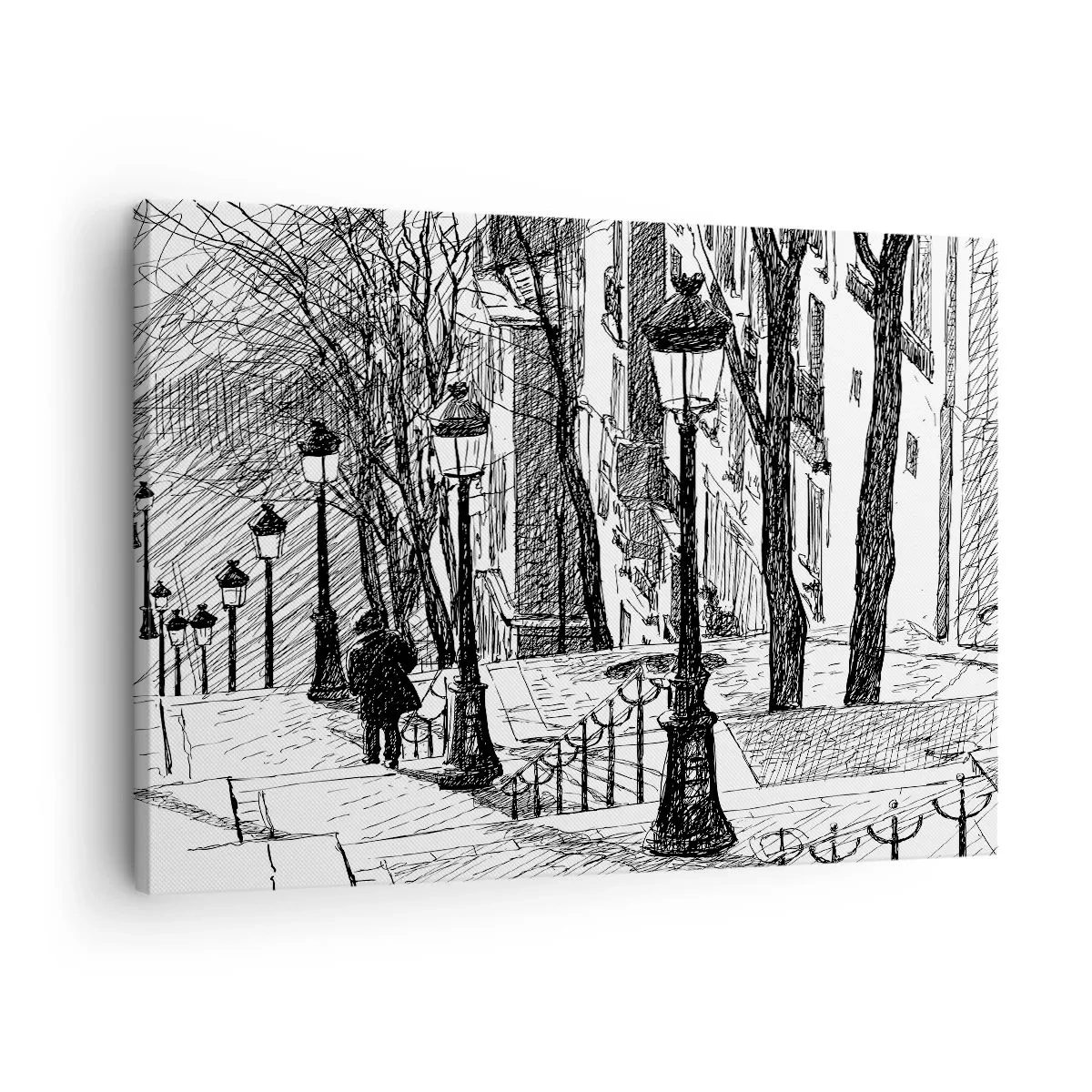Canvastavla - Bild på duk - En gata med lyktor och en mänsklig silhuett i skissteknik - 70x50cm - Kärlekshistoria eller rysare? - Modern väggdekoration för vardagsrum och sovrum ARTTOR