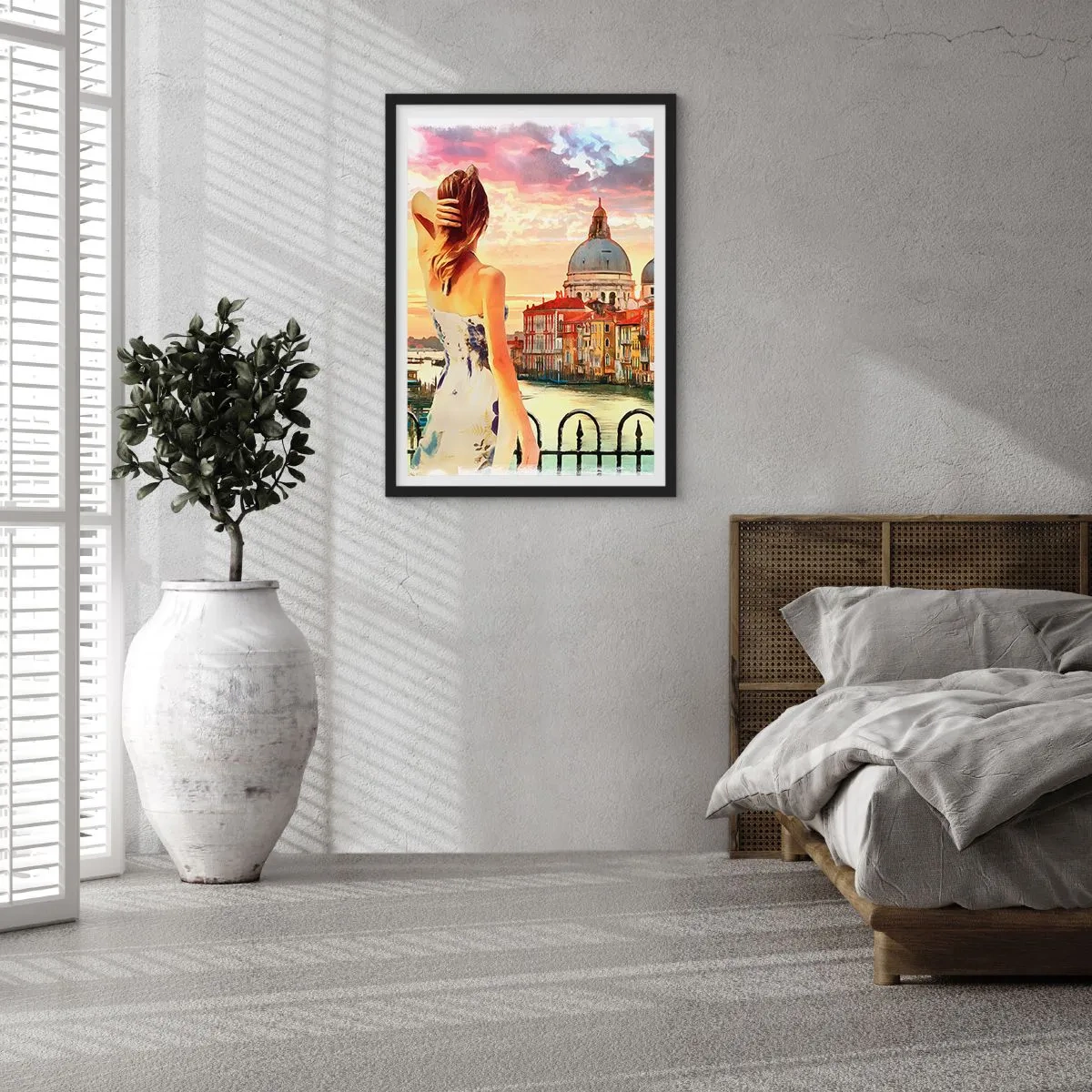 Affisch i svart ram - En kvinna beundrar utsikten över en historisk stad vid solnedgången - 50x70cm - Äventyr endast i ... - Modern väggdekoration för vardagsrum och sovrum ARTTOR