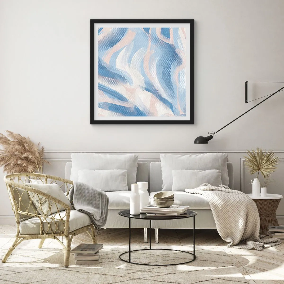 Affisch i svart ram - Blå krusningar - 60x60 cm