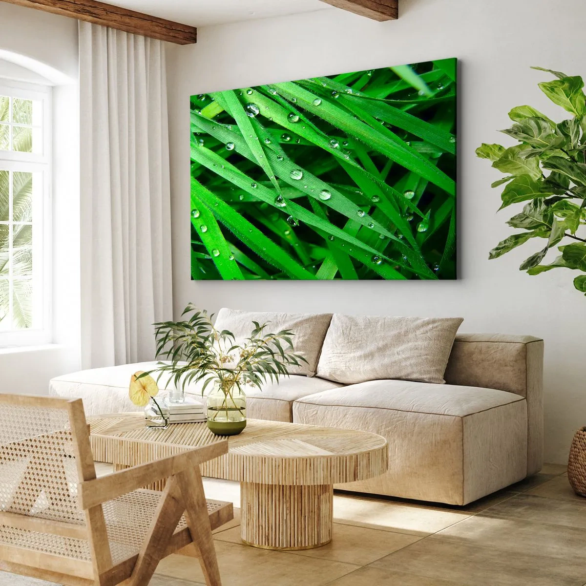Canvastavla - Bild på duk - Närbild av gröna grässtrån med daggdroppar - 70x50cm - Spela grönt - Modern väggdekoration för vardagsrum och sovrum ARTTOR