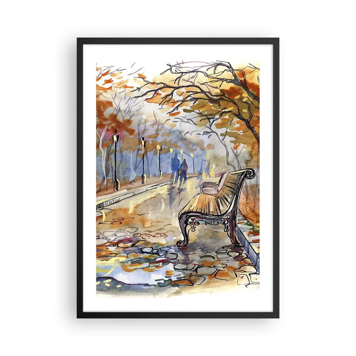 Affisch i svart ram - Bänk i en höstpark, akvarell - 50x70cm - Vandra tillsammans mot hösten - Modern väggdekoration för vardagsrum och sovrum ARTTOR