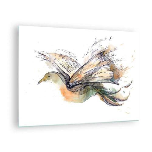 Glastavla - Bild på glas - En fågel från en utrullad bok, en konstnärlig metafor för kunskap - 70x50cm - På poesins vingar - Modern väggdekoration för vardagsrum och sovrum ARTTOR