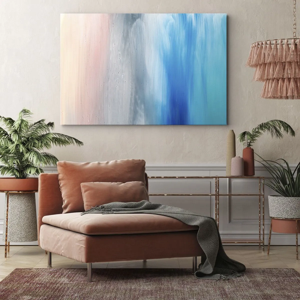 Canvastavla - Bild på duk - Abstrakta penseldrag i nyanser av blått och rosa - 70x50cm - Element: luft - Modern väggdekoration för vardagsrum och sovrum ARTTOR