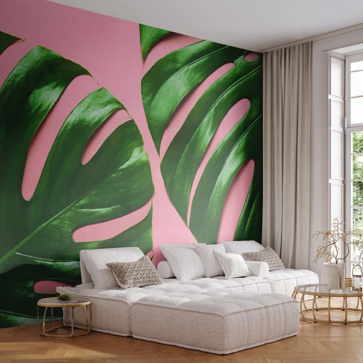 Fototapet Premium Sand - Grön rendez-vous - Monstera, Grönt löv, Exotisk planta - 100x70 cm