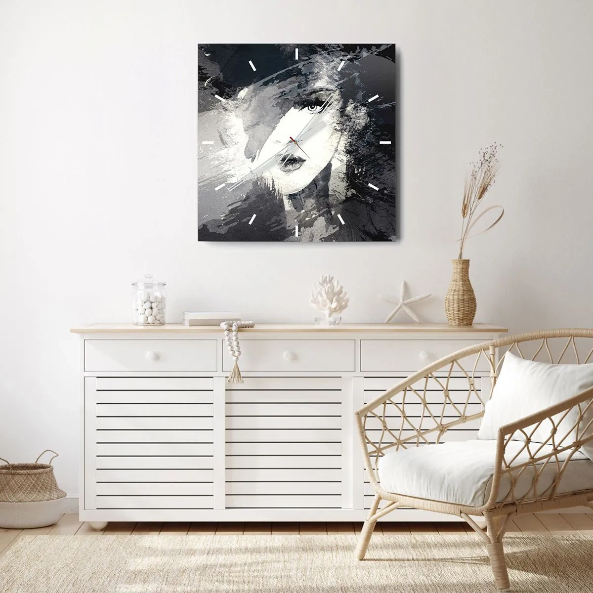 Väggklocka - Klocka på glas - Bakom grå voile - 40x40 cm