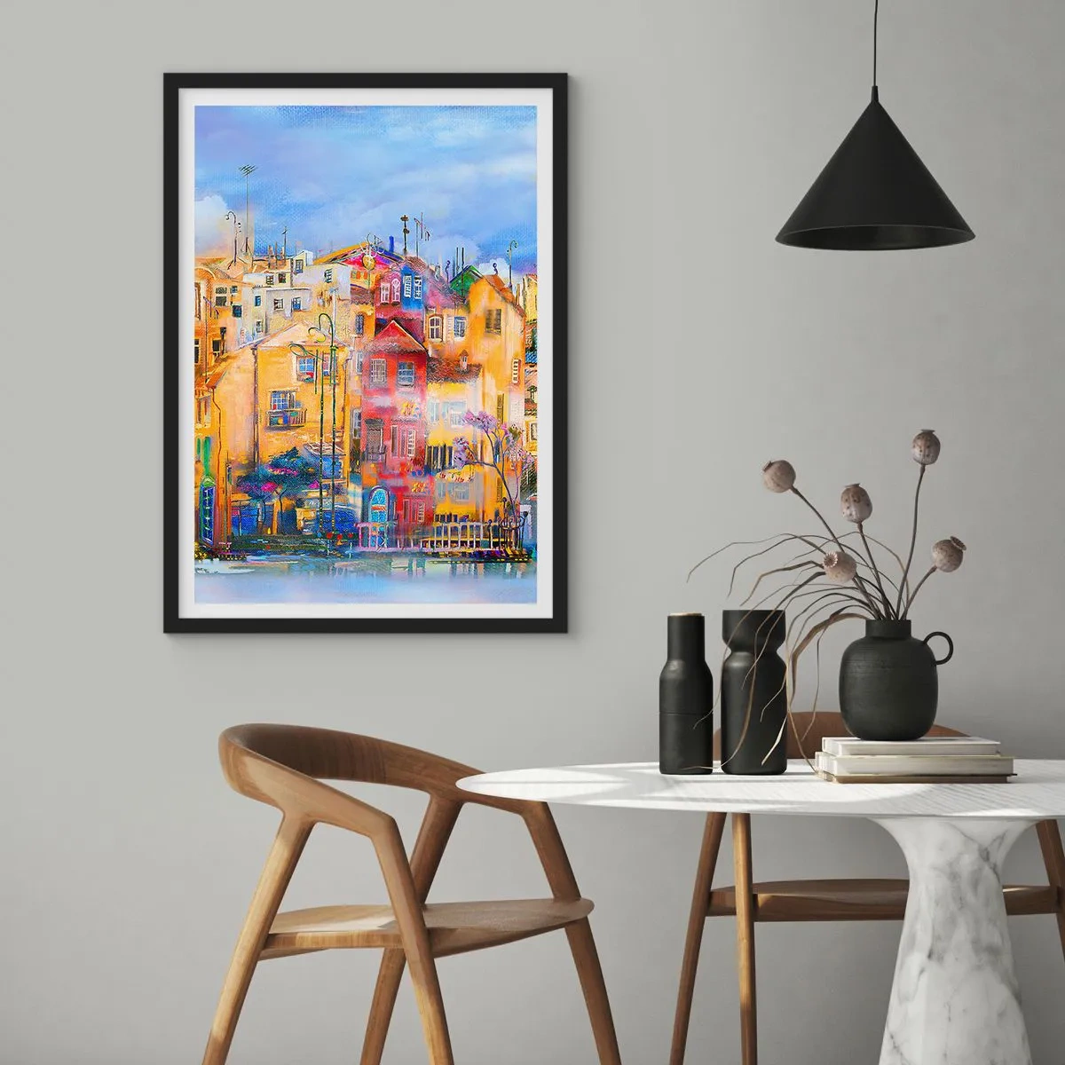 Affisch i svart ram - Färgglada hyreshus i konstnärlig stil - 50x70cm - Vi är tillsammans - Modern väggdekoration för vardagsrum och sovrum ARTTOR