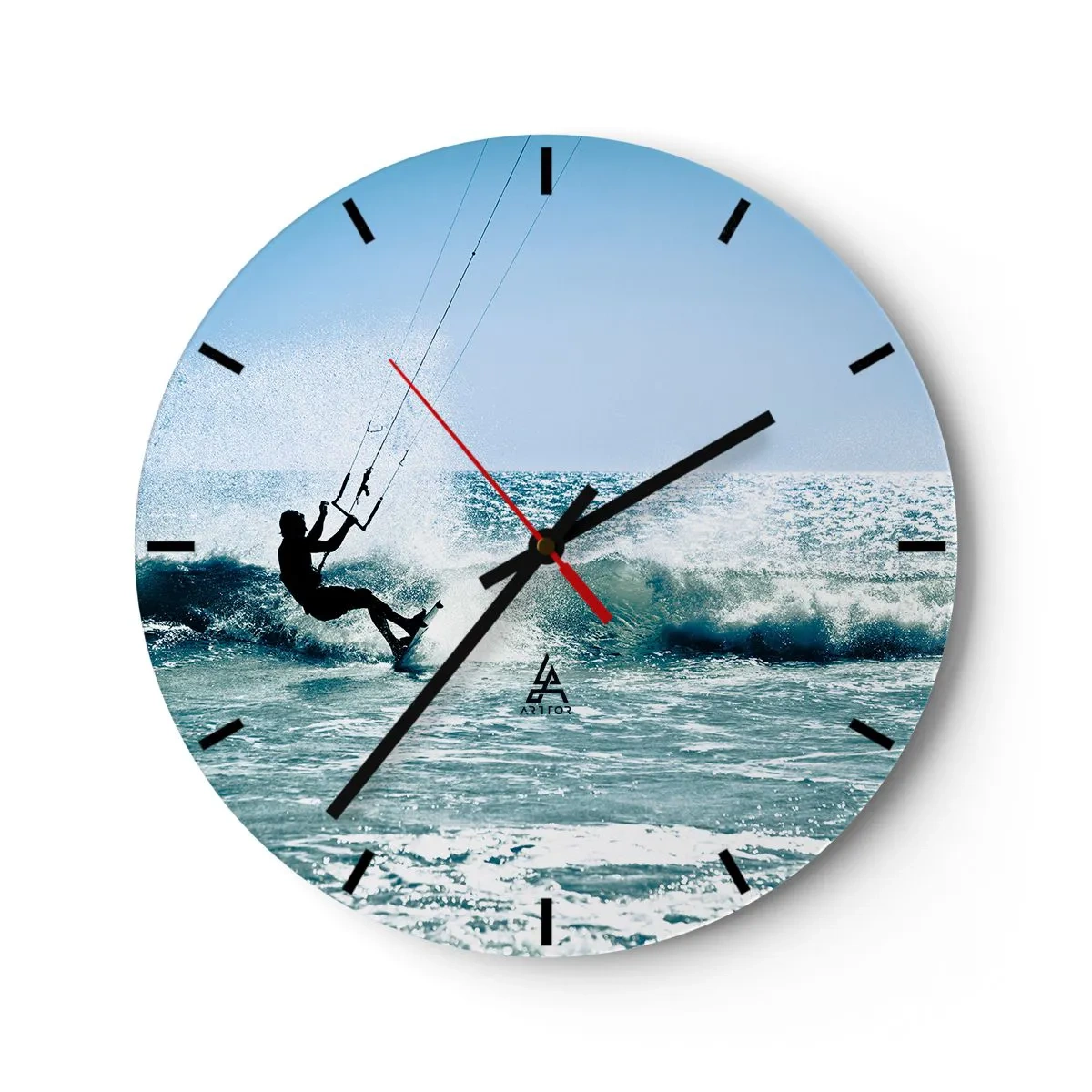 Väggklocka - Klocka på glas - Kitesurfare som rider på en våg på en solig dag vid havet - 30x30cm - Ge upp för vinden - Modern väggdekoration för vardagsrum, kök och sovrum ARTTOR