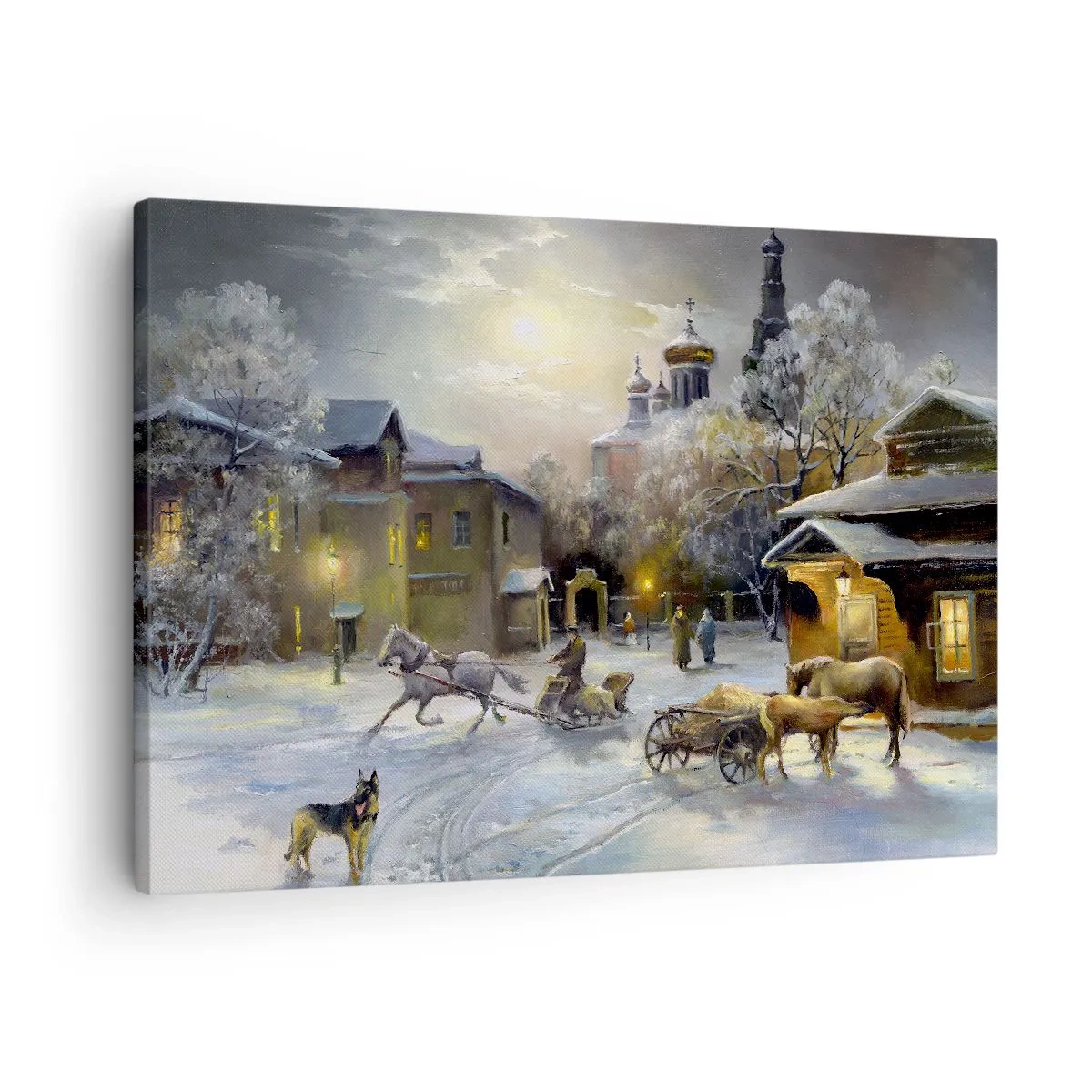 Canvastavla - Bild på duk - Vinterlandskap i en rysk stad med en släde och en kyrka - 70x50cm - Ryska vinterns magi - Modern väggdekoration för vardagsrum och sovrum ARTTOR