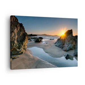 Canvastavla - Bild på duk - Pittoresk solnedgång på en stenig strand - 70x50cm - Orörd av människan - Modern väggdekoration för vardagsrum och sovrum ARTTOR
