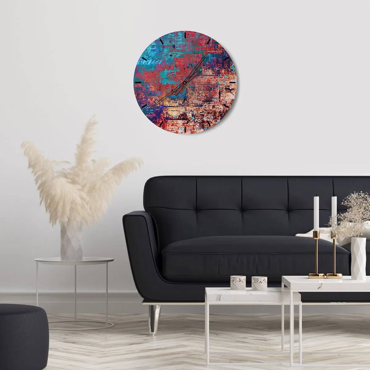 Väggklocka - Klocka på glas - En abstrakt komposition i intensiva nyanser av rött och blått. - 30x30cm - Minne och icke-minne - Modern väggdekoration för vardagsrum, kök och sovrum ARTTOR