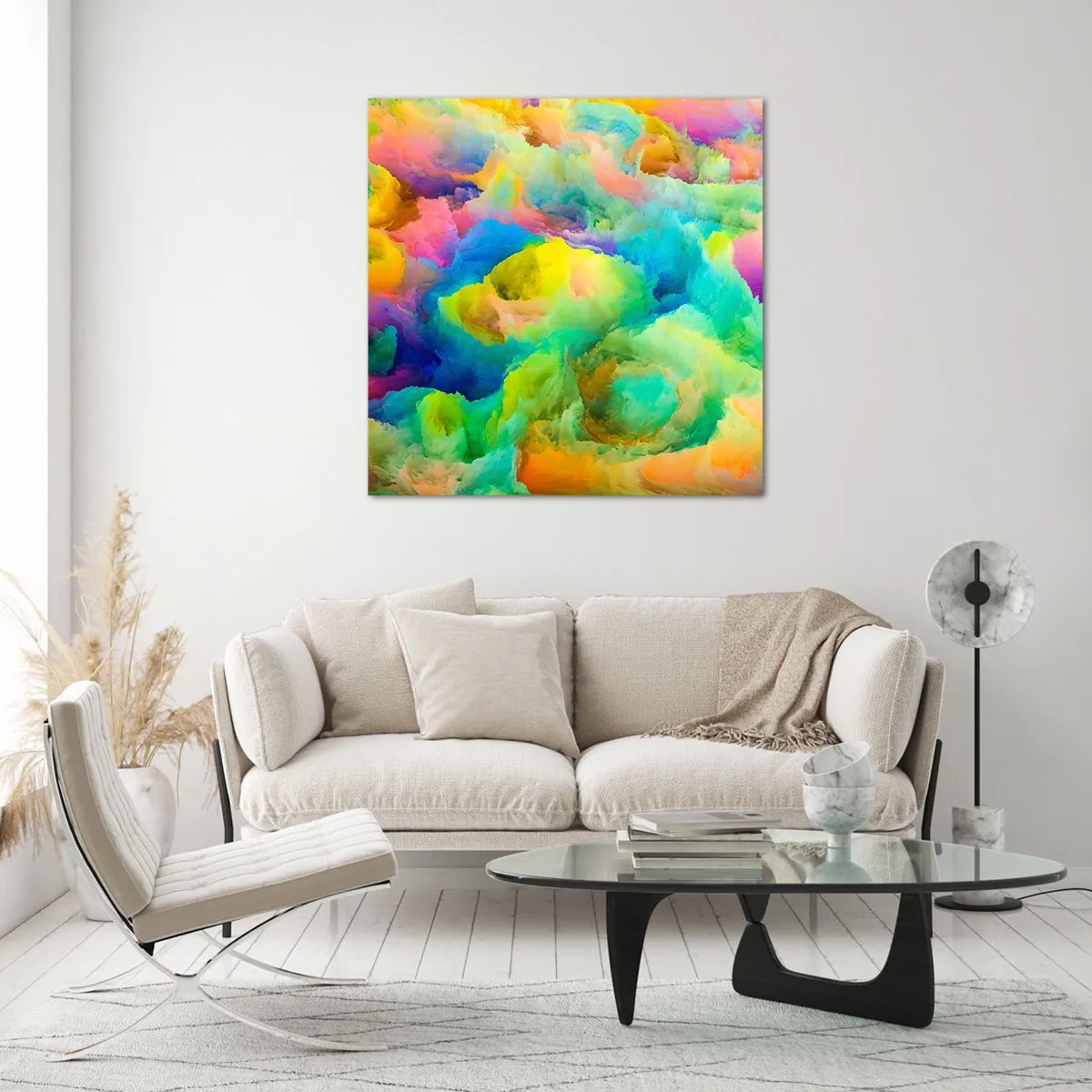Glastavla - Bild på glas - Regnbågsdun - 70x70 cm