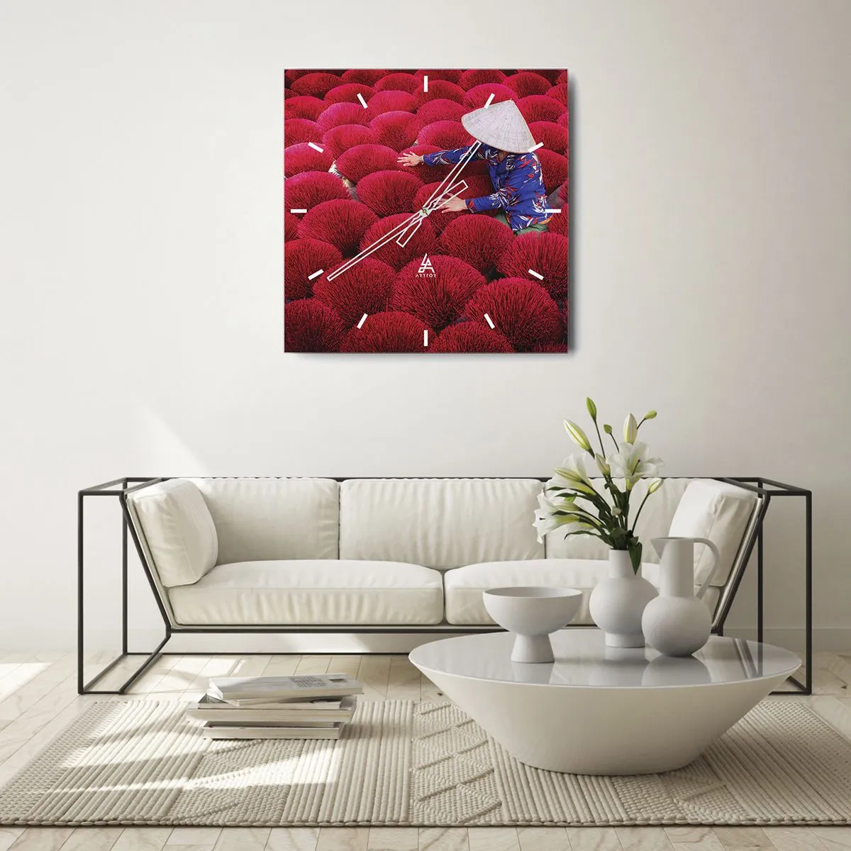 Väggklocka - Klocka på glas - På ett risfält - 30x30 cm